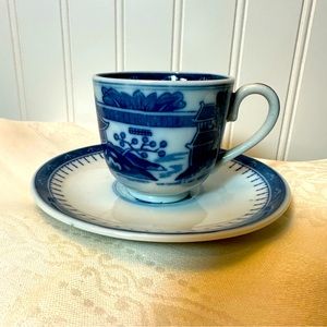 Chinese Canton Demitasse Blue & White Cup and Saucer- Antique